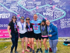 The For the LOLs team (left to right Lizzie Morgan, Pauline Hamilton, Alison Lamb, Mike Carter, Marisa Luttrell, Gill Iffland) at the 2024 Endure 24 event